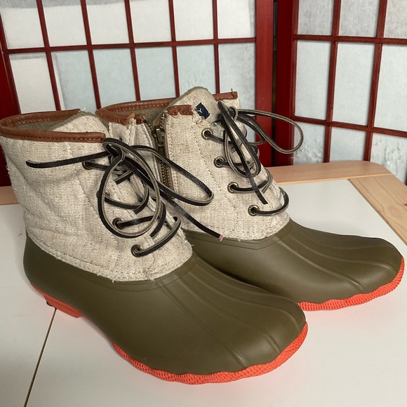 Sperry Duck Winter/Rain Boots, orange/green-brown/tan, size W8, Waterproof, EUC! - Picture 10 of 10